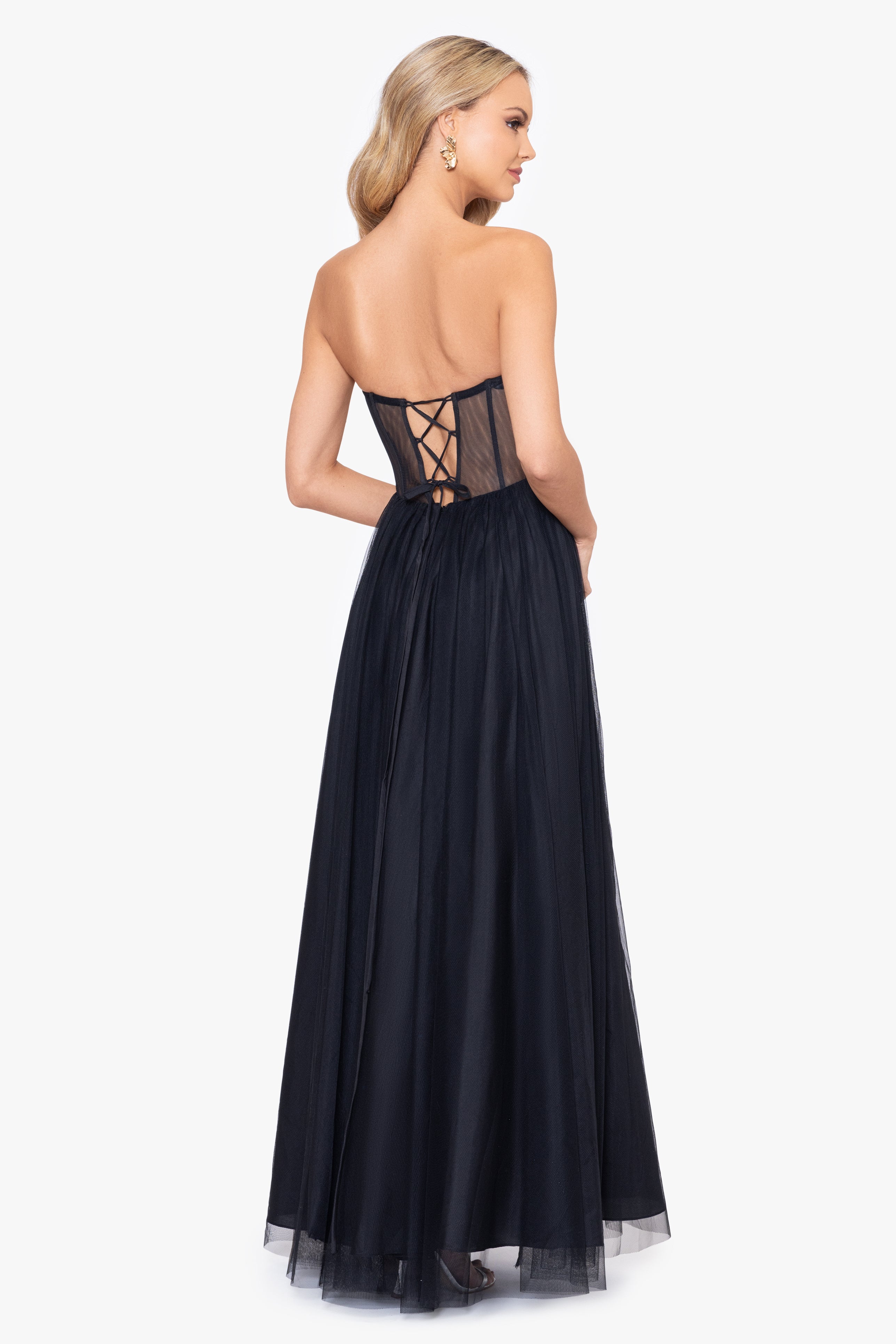 "Ryann" Long Mesh Illusion Applique Ballgown