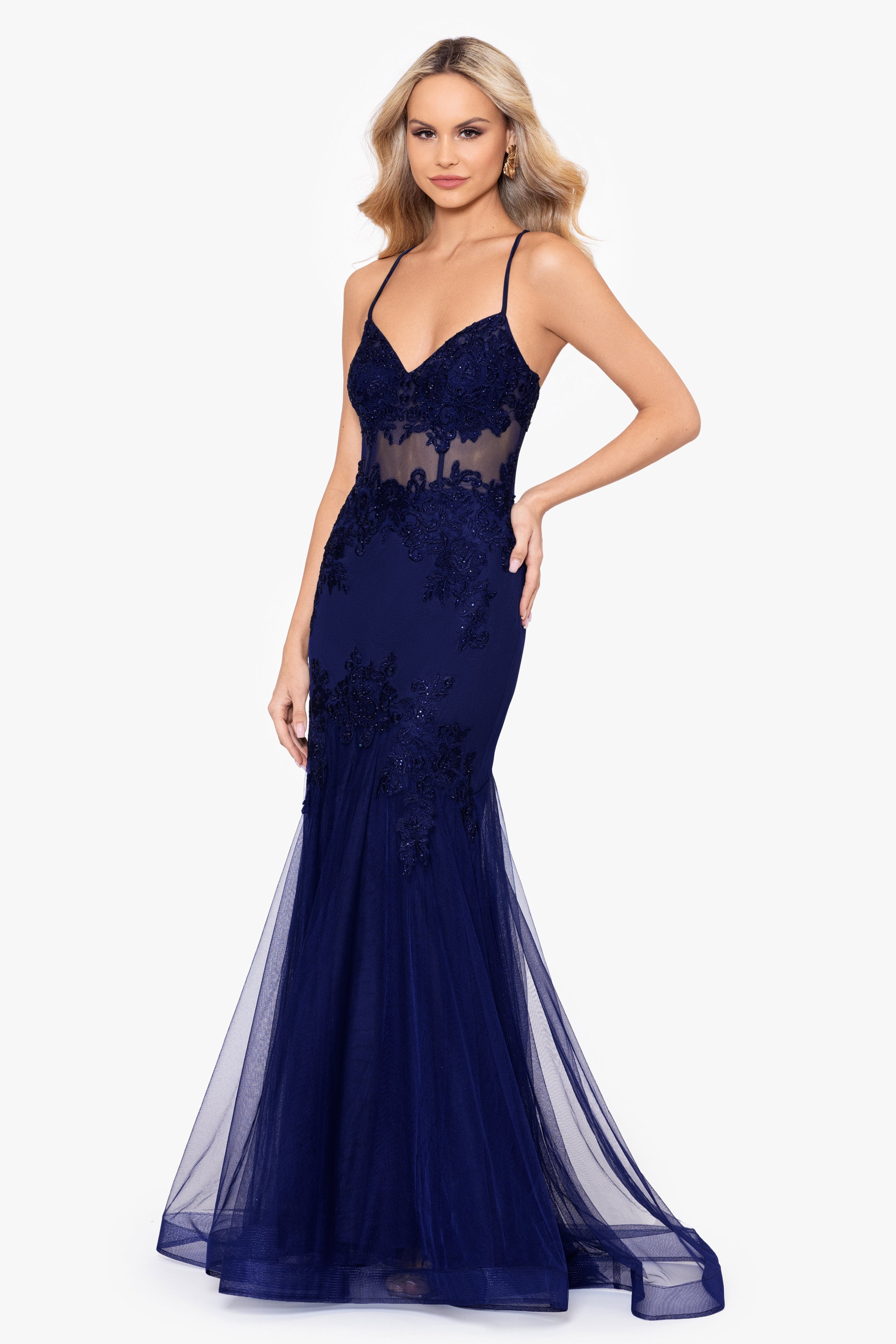 "Sage" Long Mesh Applique Spaghetti Strap Gown