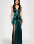 Blondie Nites "Robin" Long Satin V-Neck Ruffle Dress