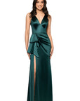 "Robin" Long Satin V-Neck Ruffle Dress