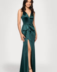 Blondie Nites "Robin" Long Satin V-Neck Ruffle Dress