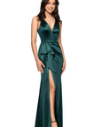 Blondie Nites "Robin" Long Satin V-Neck Ruffle Dress
