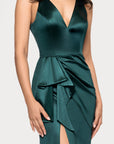 Blondie Nites "Robin" Long Satin V-Neck Ruffle Dress