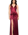 "Robin" Long Satin V-Neck Ruffle Dress