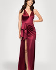Blondie Nites "Robin" Long Satin V-Neck Ruffle Dress