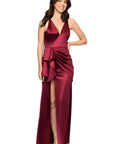 Blondie Nites "Robin" Long Satin V-Neck Ruffle Dress
