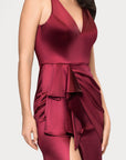 Blondie Nites "Robin" Long Satin V-Neck Ruffle Dress