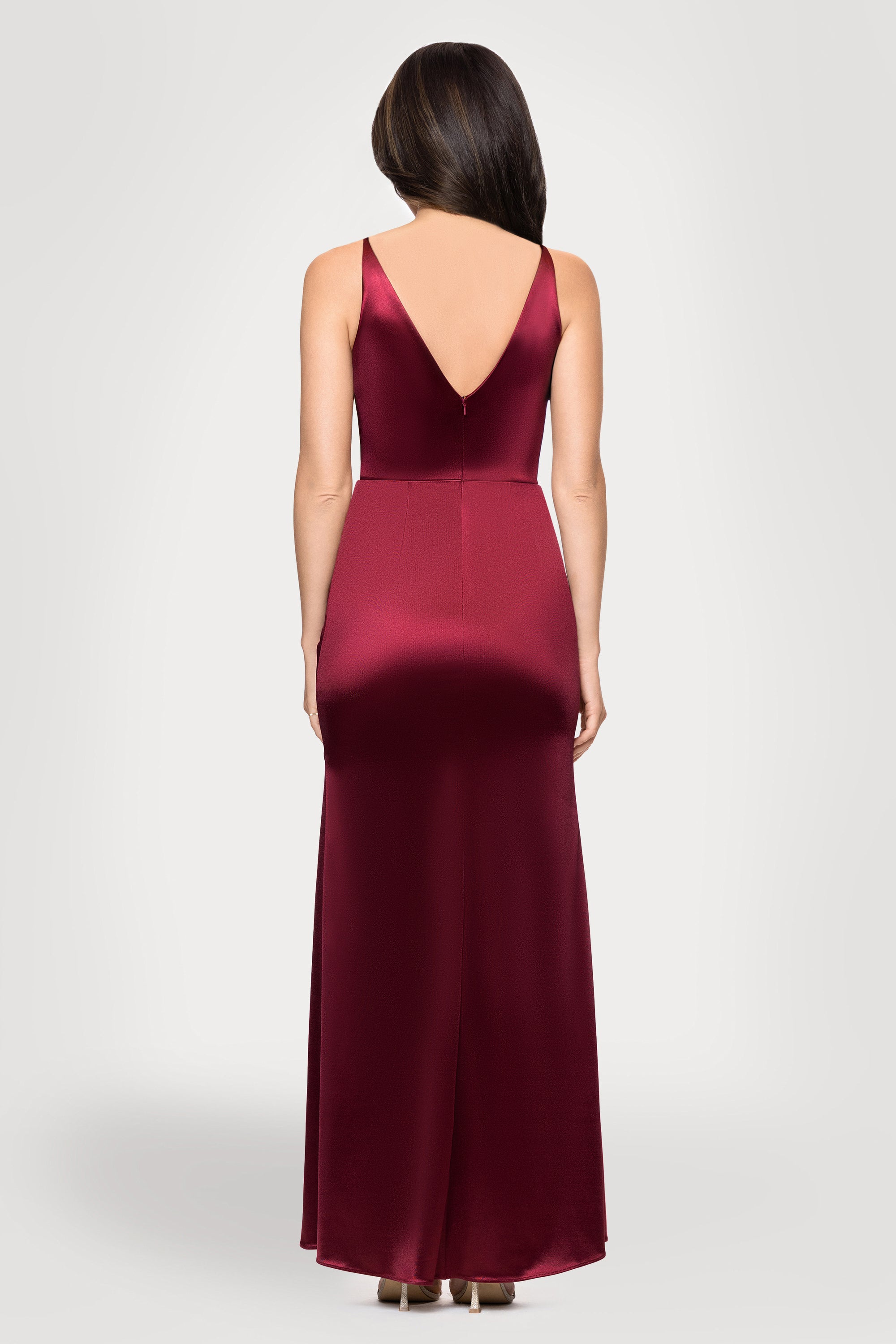 "Robin" Long Satin V-Neck Ruffle Dress
