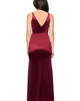 Blondie Nites "Robin" Long Satin V-Neck Ruffle Dress