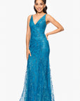 "Jocelyn" Long Glitter Mesh V-Neck Dress
