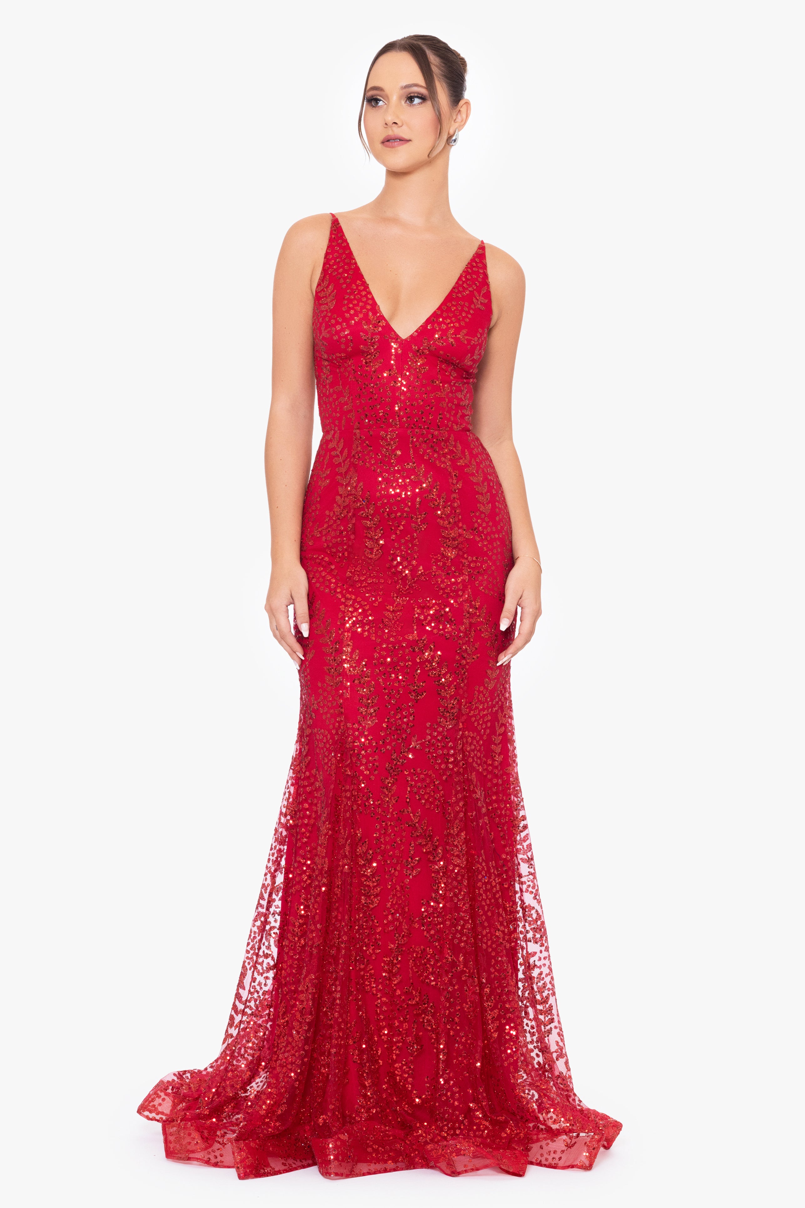"Jocelyn" Long Glitter Mesh V-Neck Dress