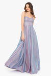 "Daisy" Long Metallic Glitter Illusion Back Ball Gown