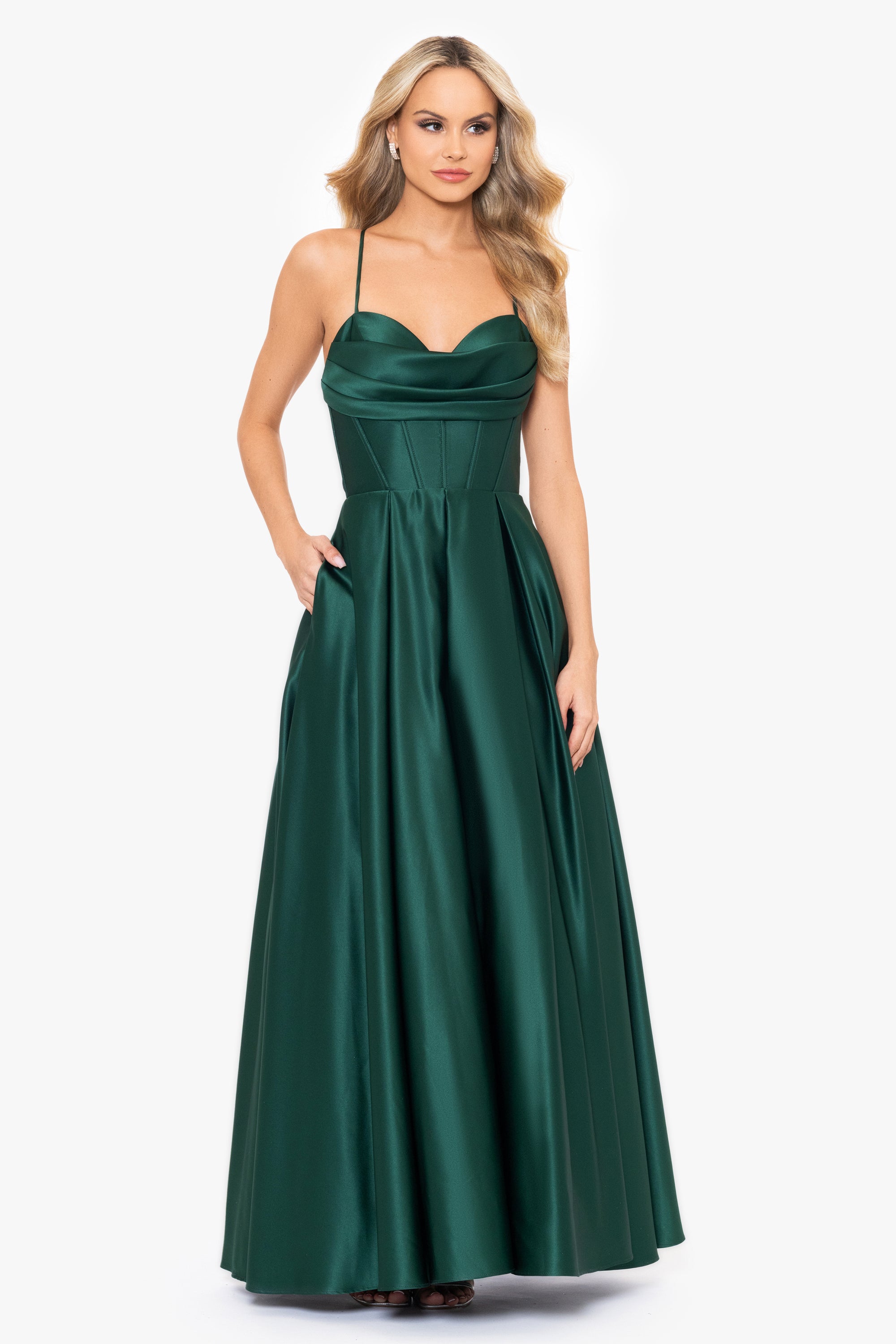 "Liza" Lamour Satin Draped Corset Tieback Gown