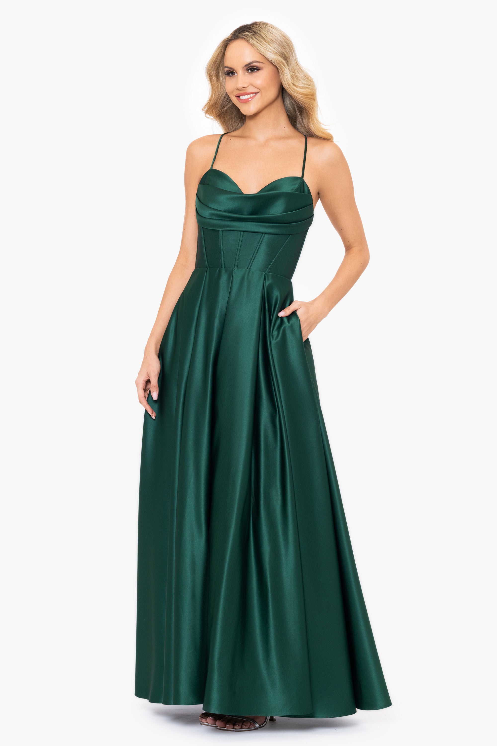 "Liza" Lamour Satin Draped Corset Tieback Gown