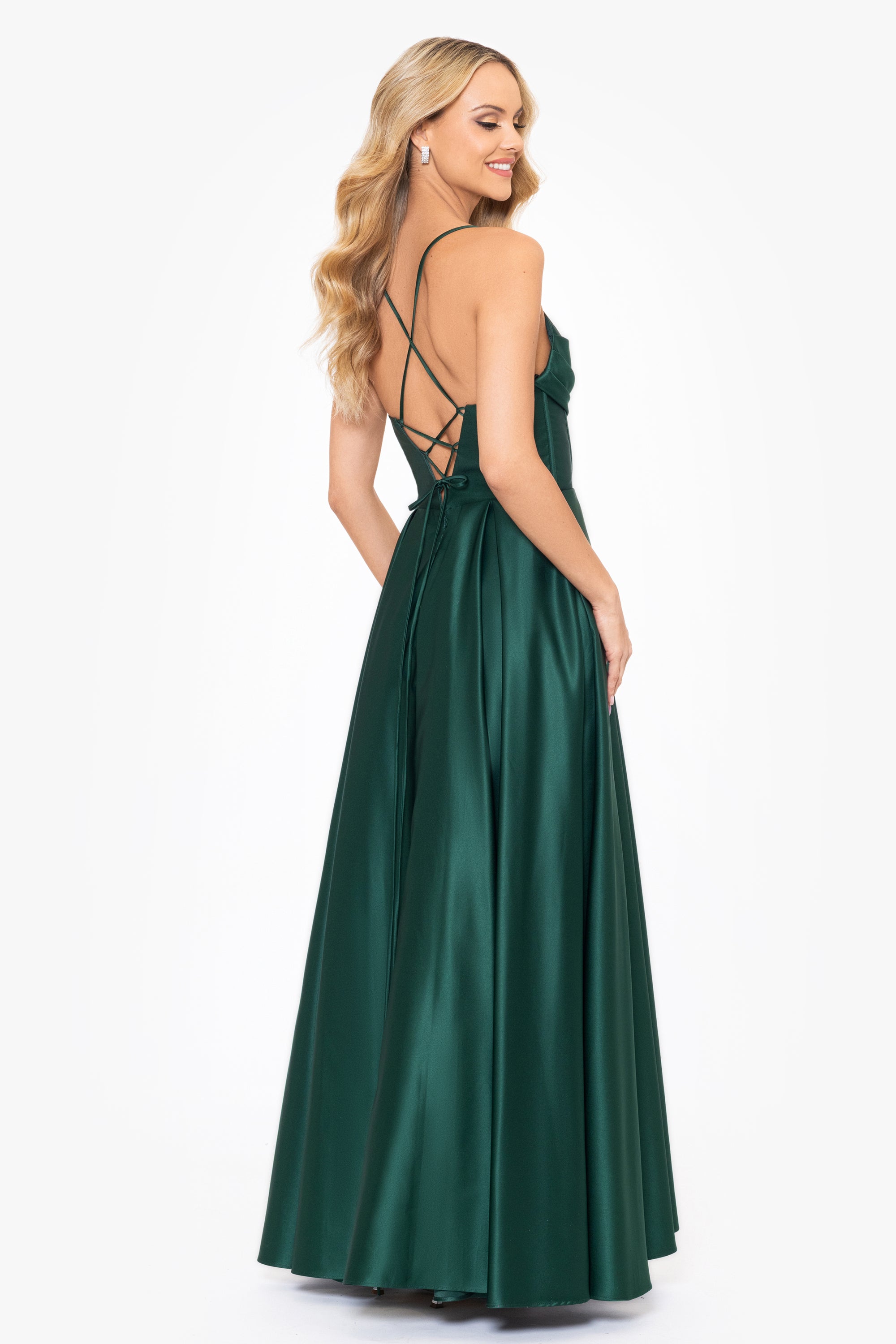 "Liza" Lamour Satin Draped Corset Tieback Gown