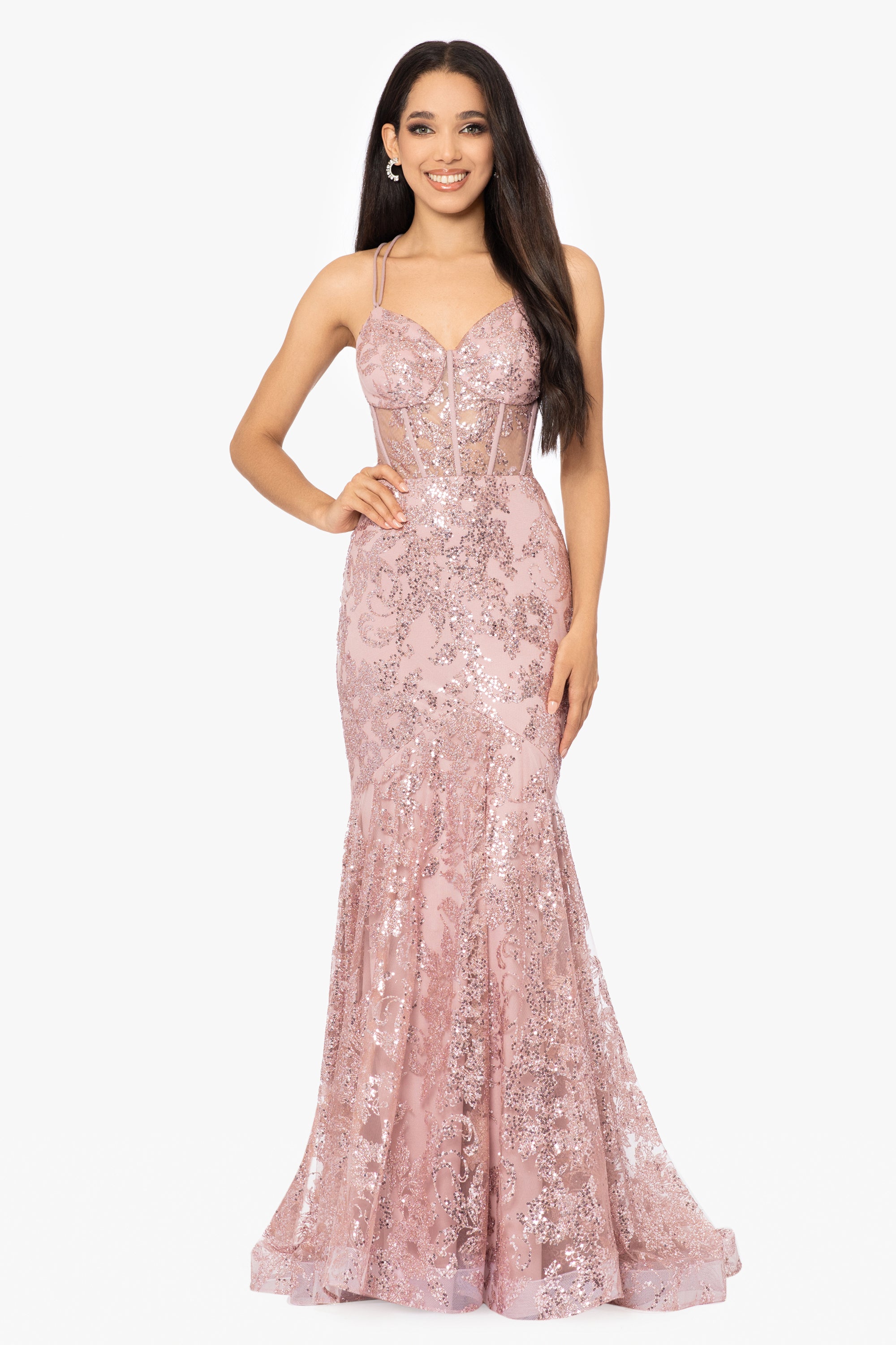 "Tammi" Long Sequin Mesh Mermaid Tieback Dress