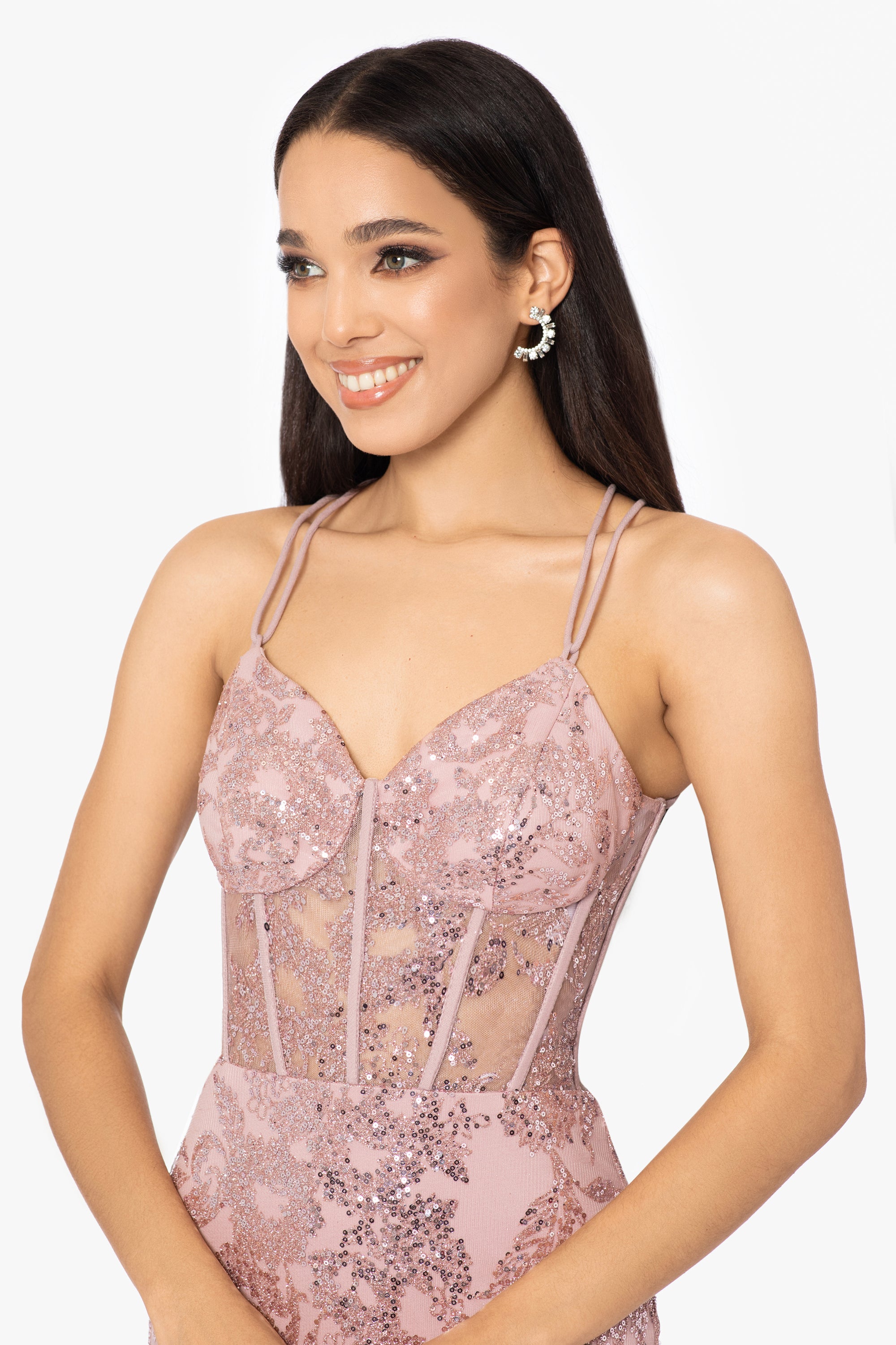 "Tammi" Long Sequin Mesh Mermaid Tieback Dress