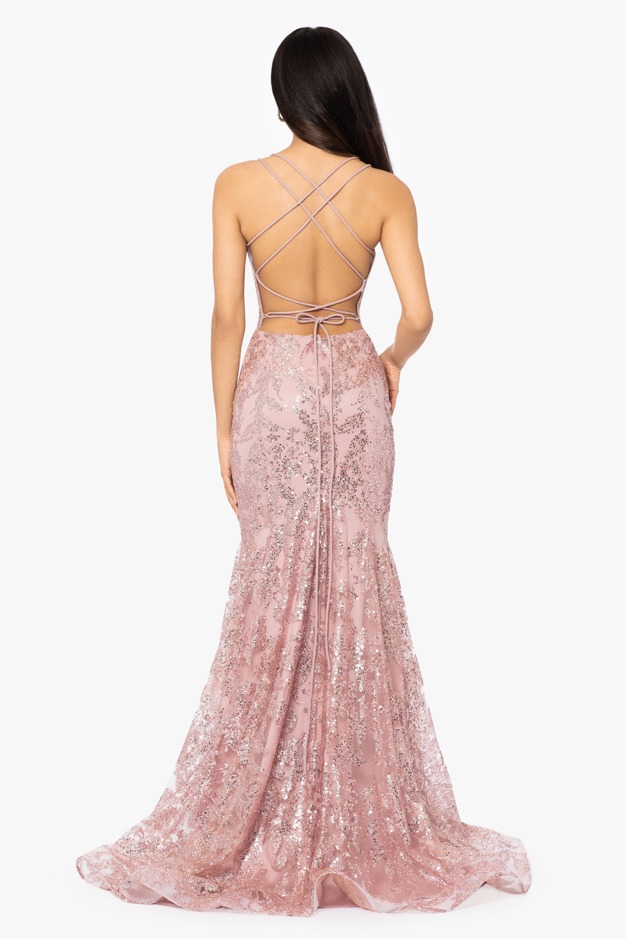 "Tammi" Long Sequin Mesh Mermaid Tieback Dress
