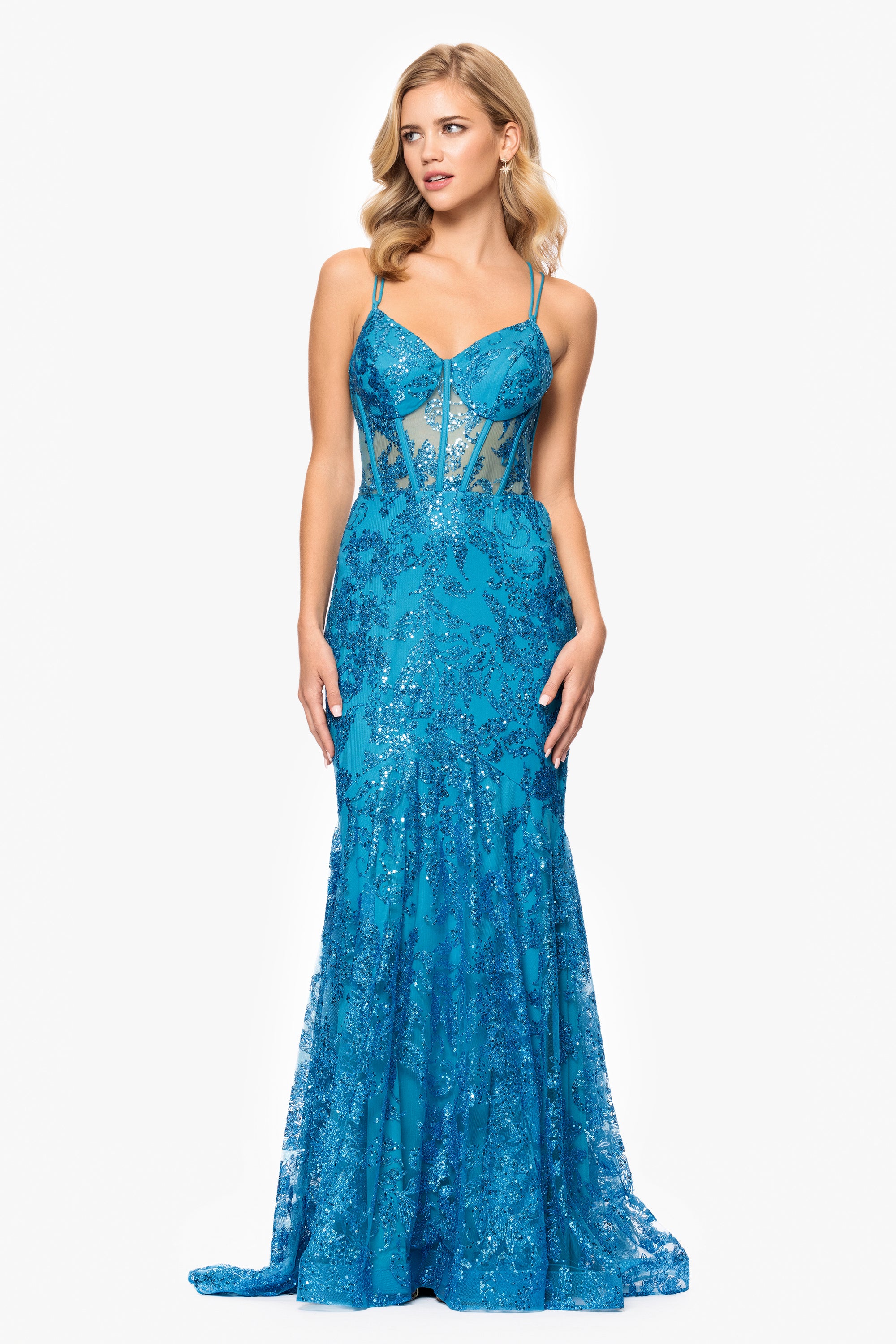 "Tammi" Long Sequin Mesh Mermaid Tieback Dress