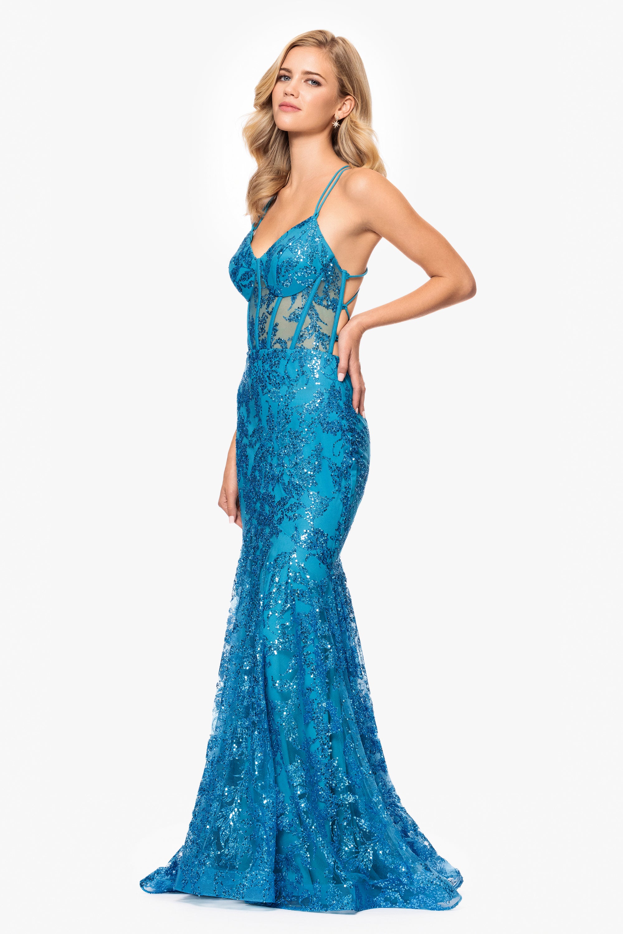 "Tammi" Long Sequin Mesh Mermaid Tieback Dress
