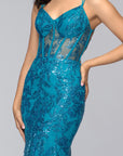 "Tammi" Long Sequin Mesh Mermaid Lace-Up Dress