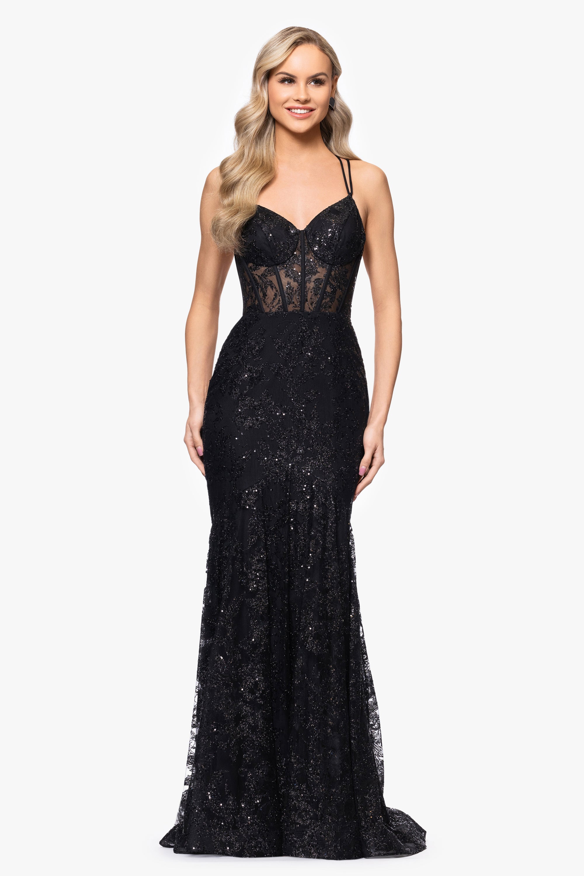 "Tammi" Long Sequin Mesh Mermaid Tieback Dress