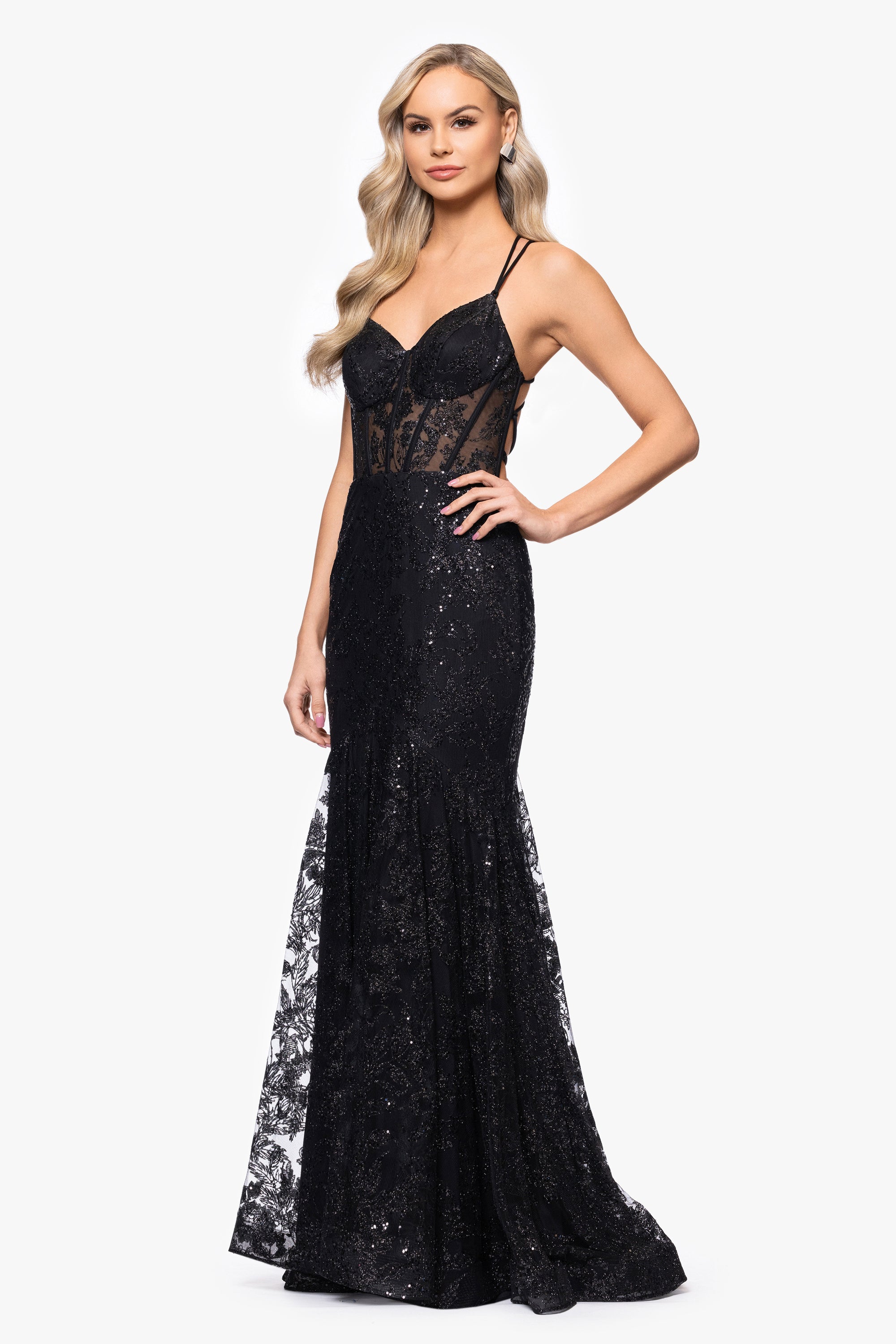 "Tammi" Long Sequin Mesh Mermaid Tieback Dress