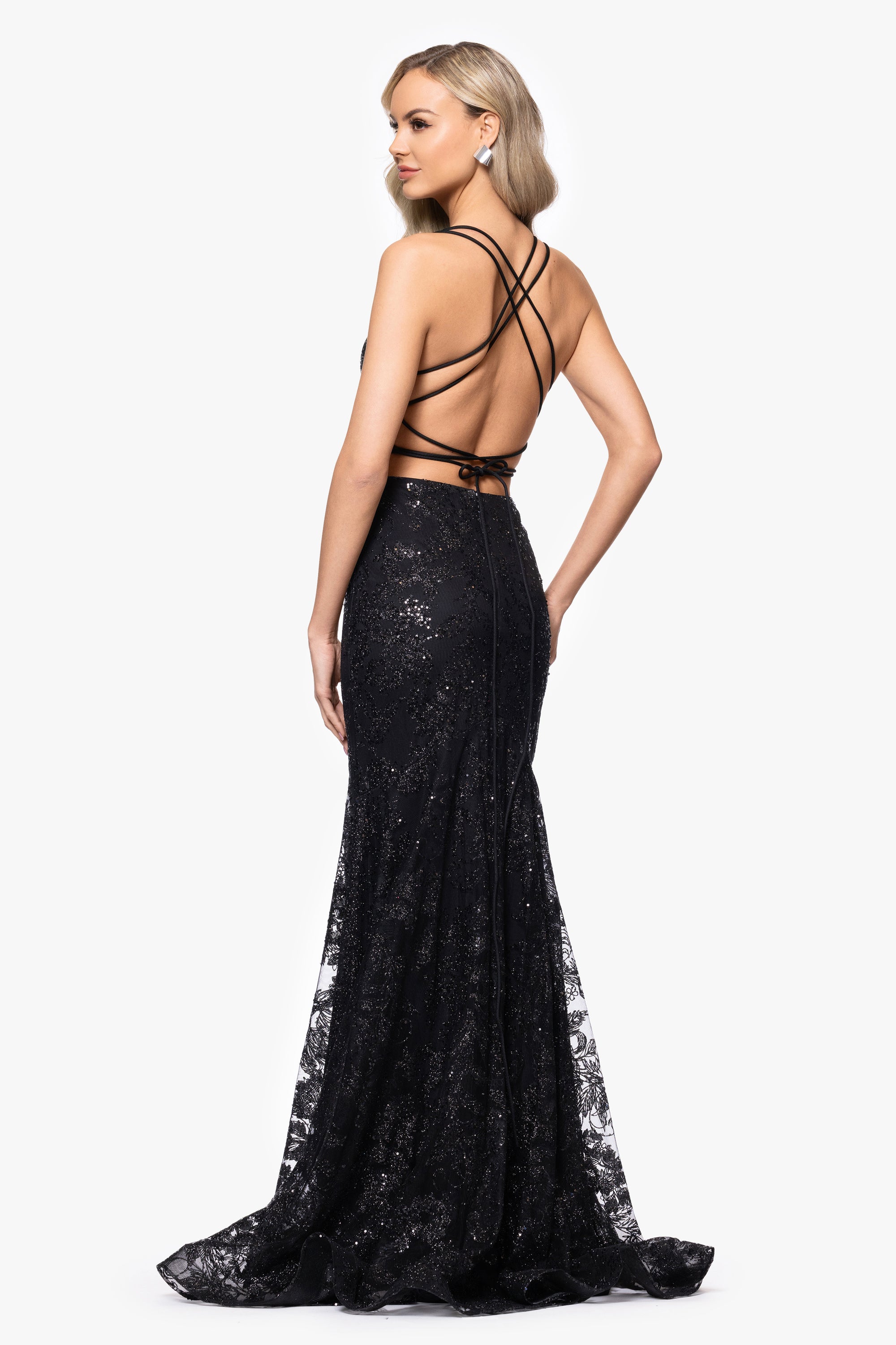 "Tammi" Long Sequin Mesh Mermaid Tieback Dress