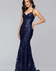 "Tammi" Long Sequin Mesh Mermaid Lace-Up Dress