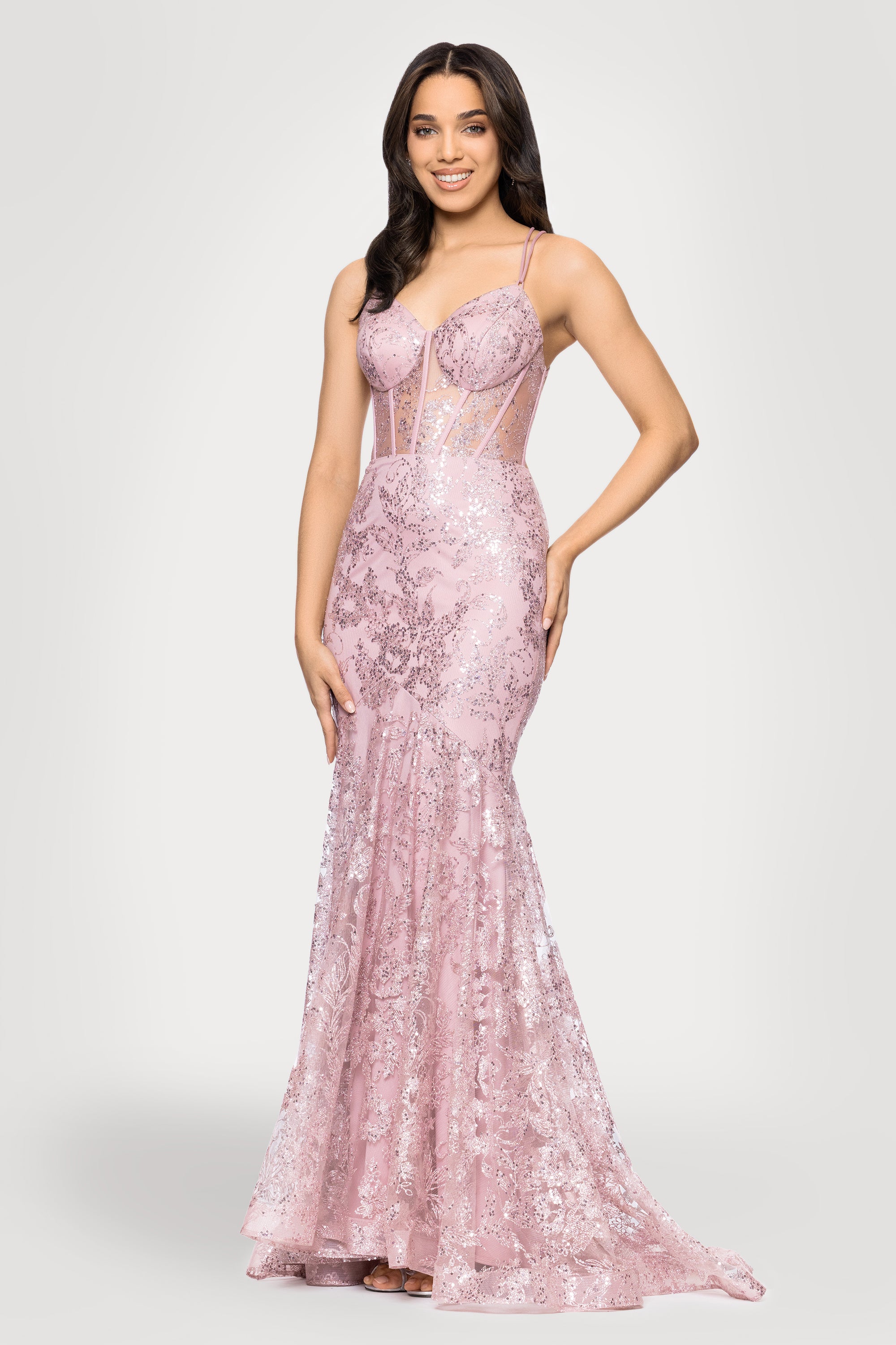"Tammi" Long Sequin Mesh Mermaid Tieback Dress
