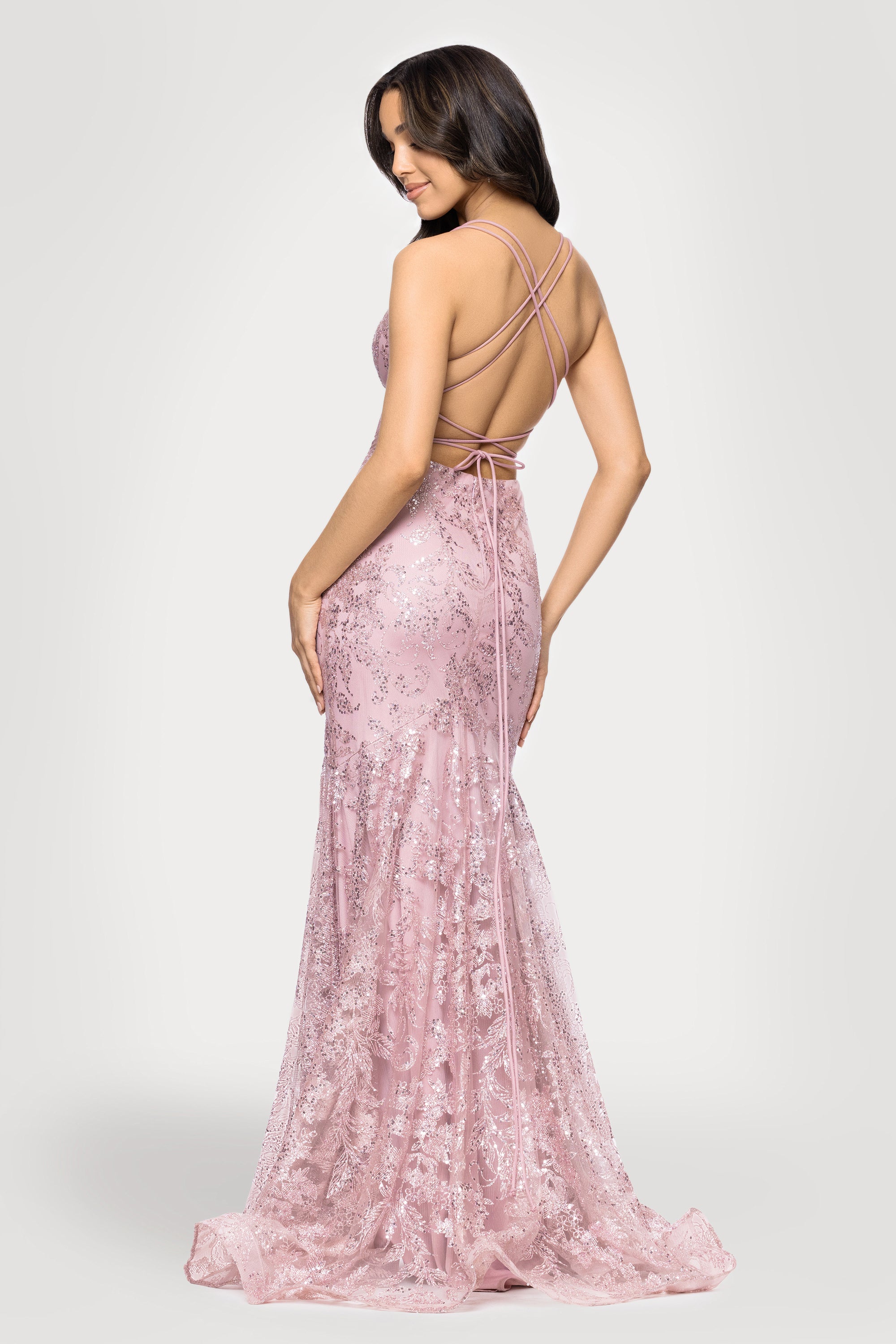 "Tammi" Long Sequin Mesh Mermaid Tieback Dress