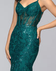 "Tammi" Long Sequin Mesh Mermaid Lace-Up Dress