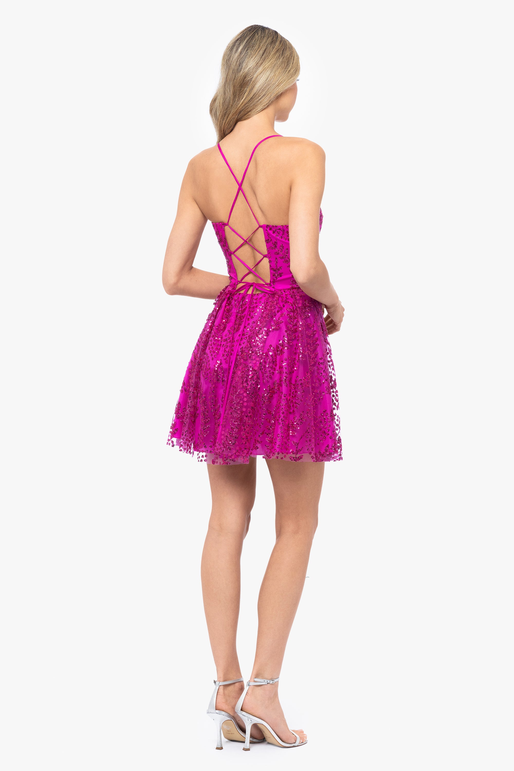 Blondie Nites "Tiara" Short Glitter Mesh Tie Back Party Dress