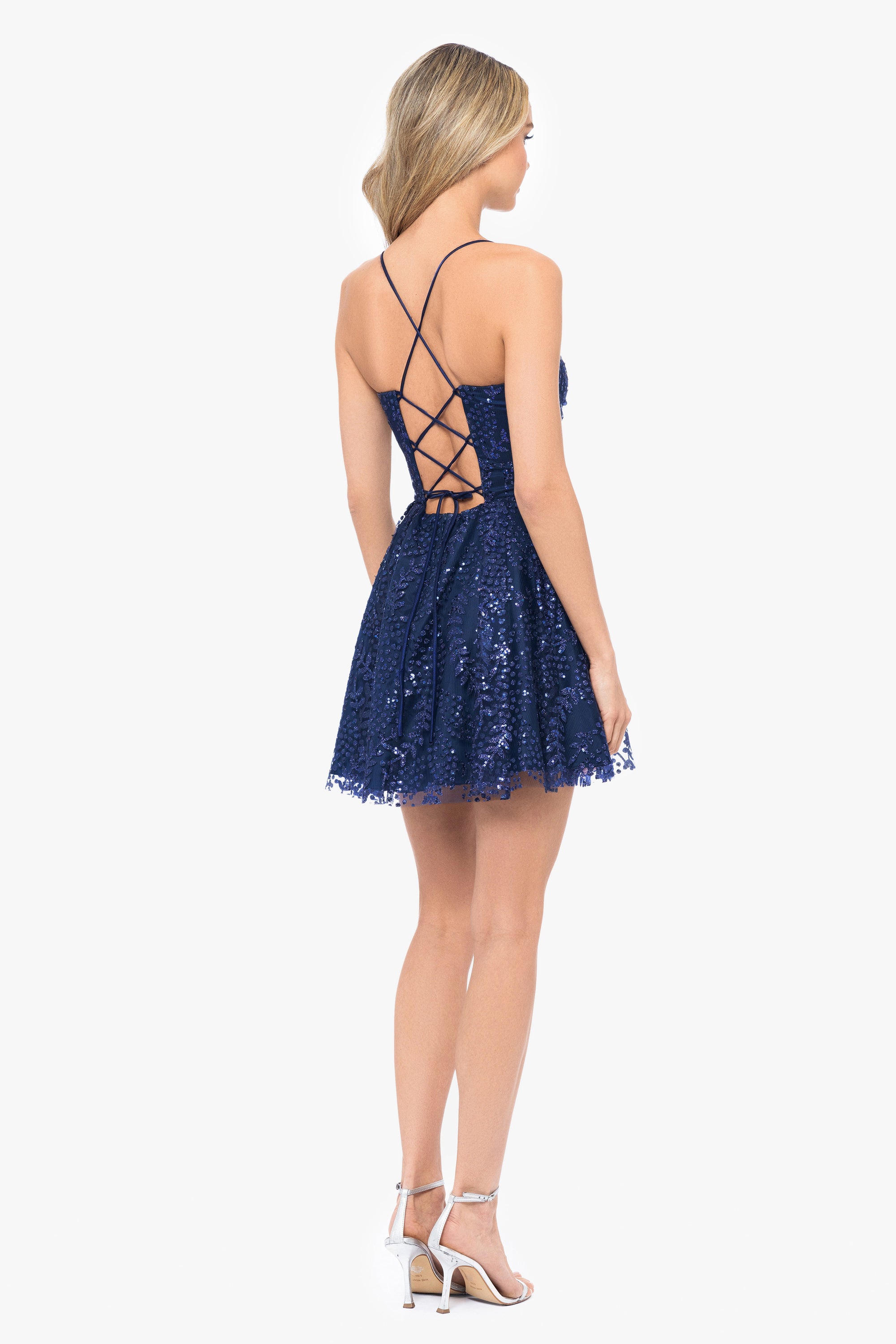 Blondie Nites "Tiara" Short Glitter Mesh Tie Back Party Dress