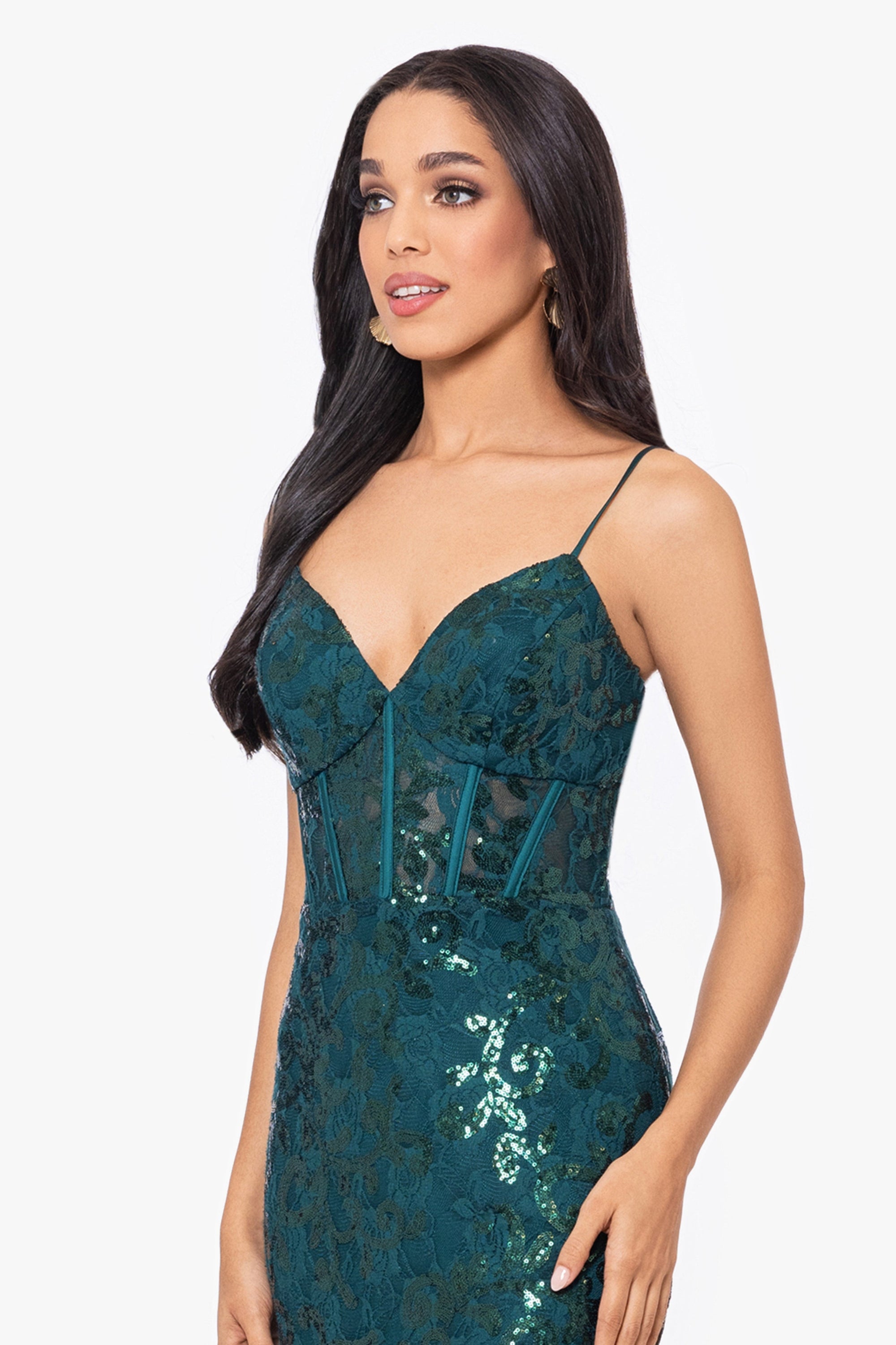 "Kelsey" Long Lace Boning Bodice Dress