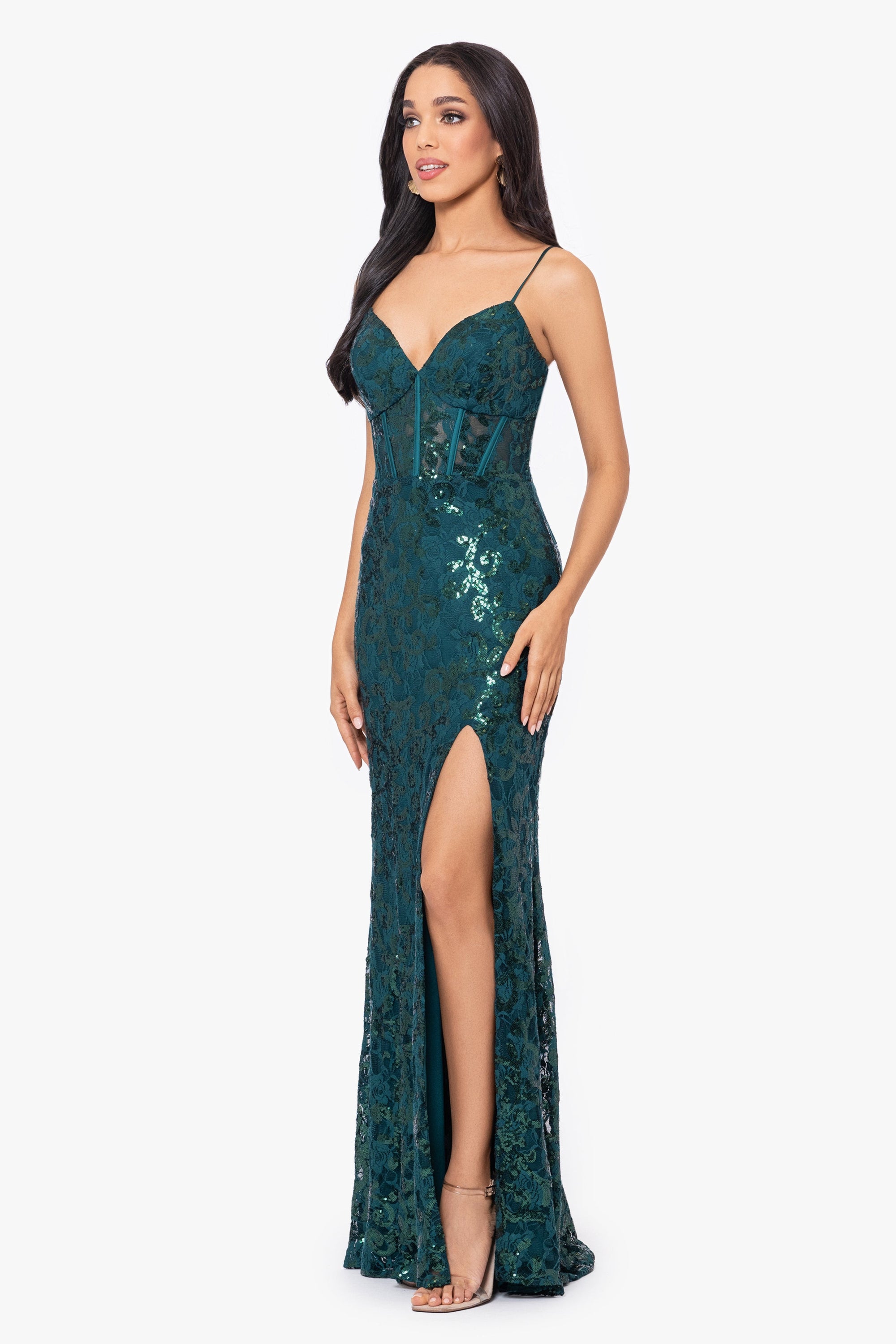 "Kelsey" Long Lace Boning Bodice Dress