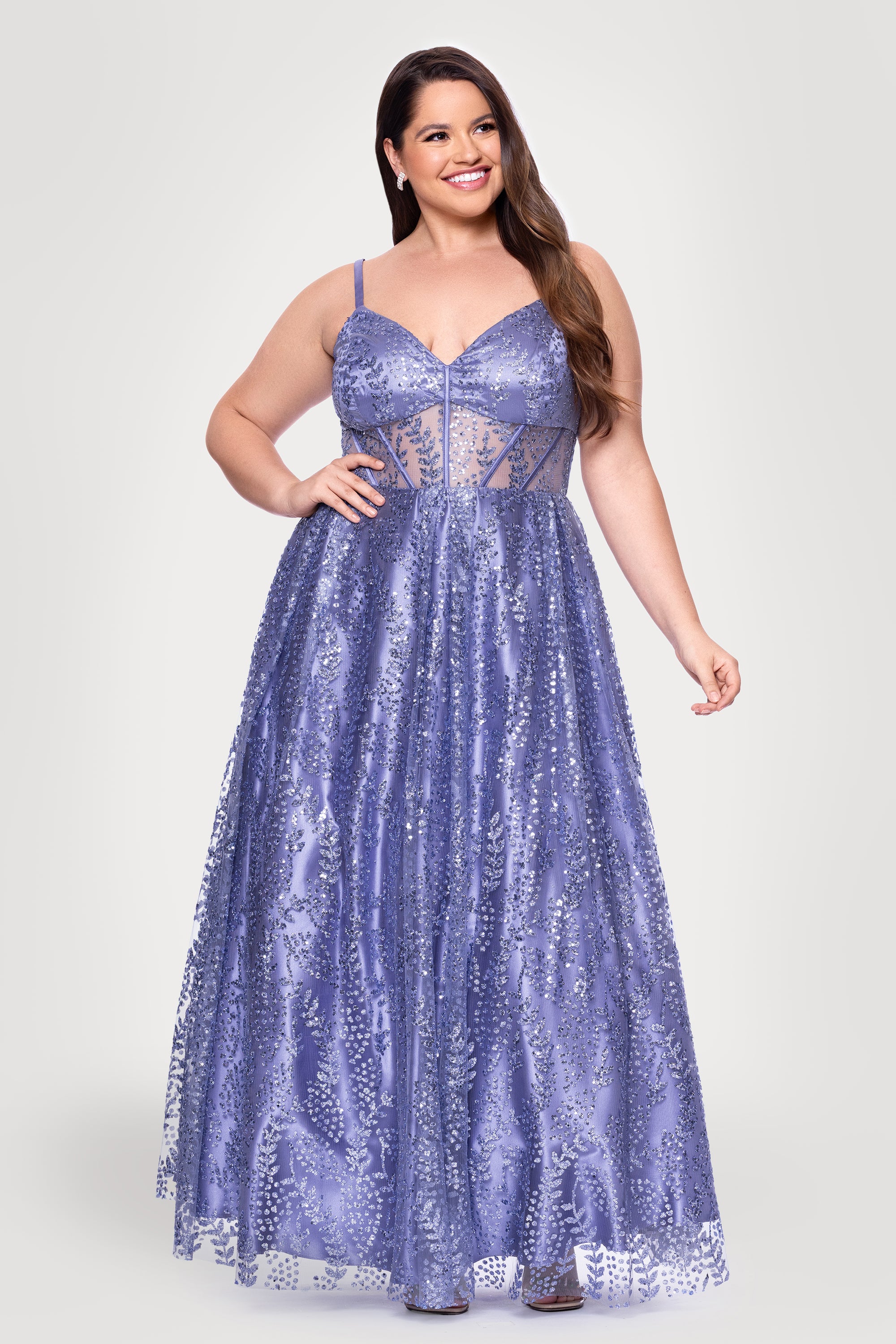 Plus "Lizzy" Glitter Mesh Corset Floor Length Dress