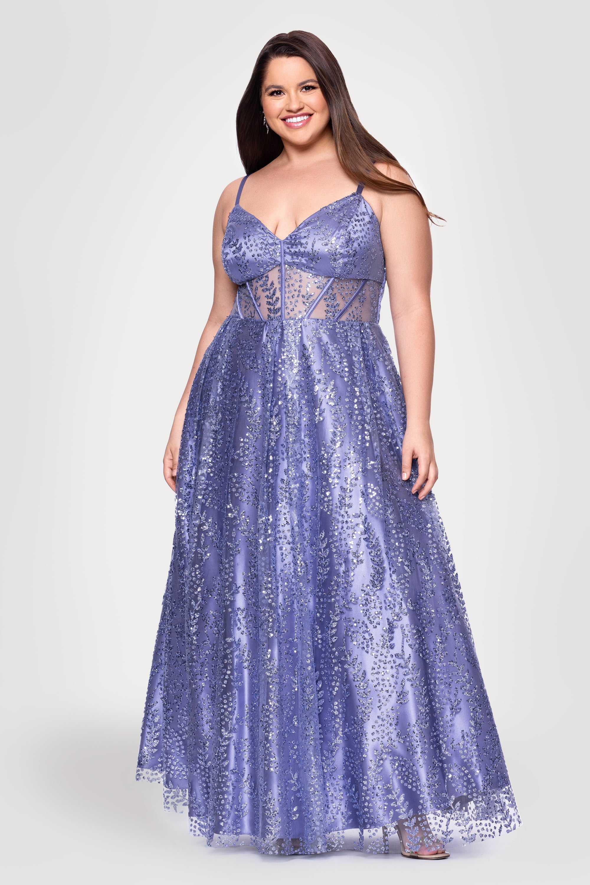 Plus "Lizzy" Glitter Mesh Corset Floor Length Dress