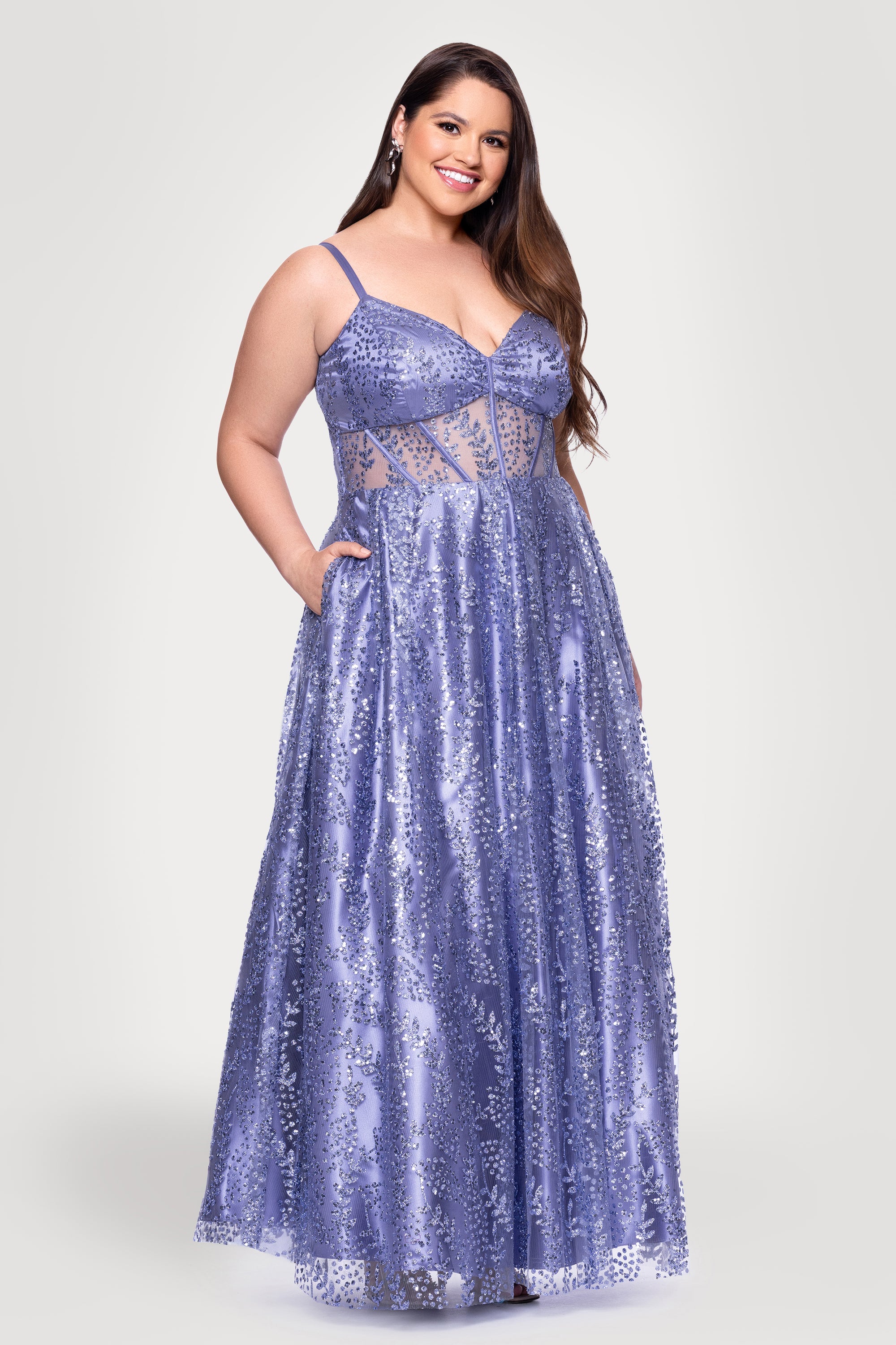 Plus "Lizzy" Glitter Mesh Corset Floor Length Dress