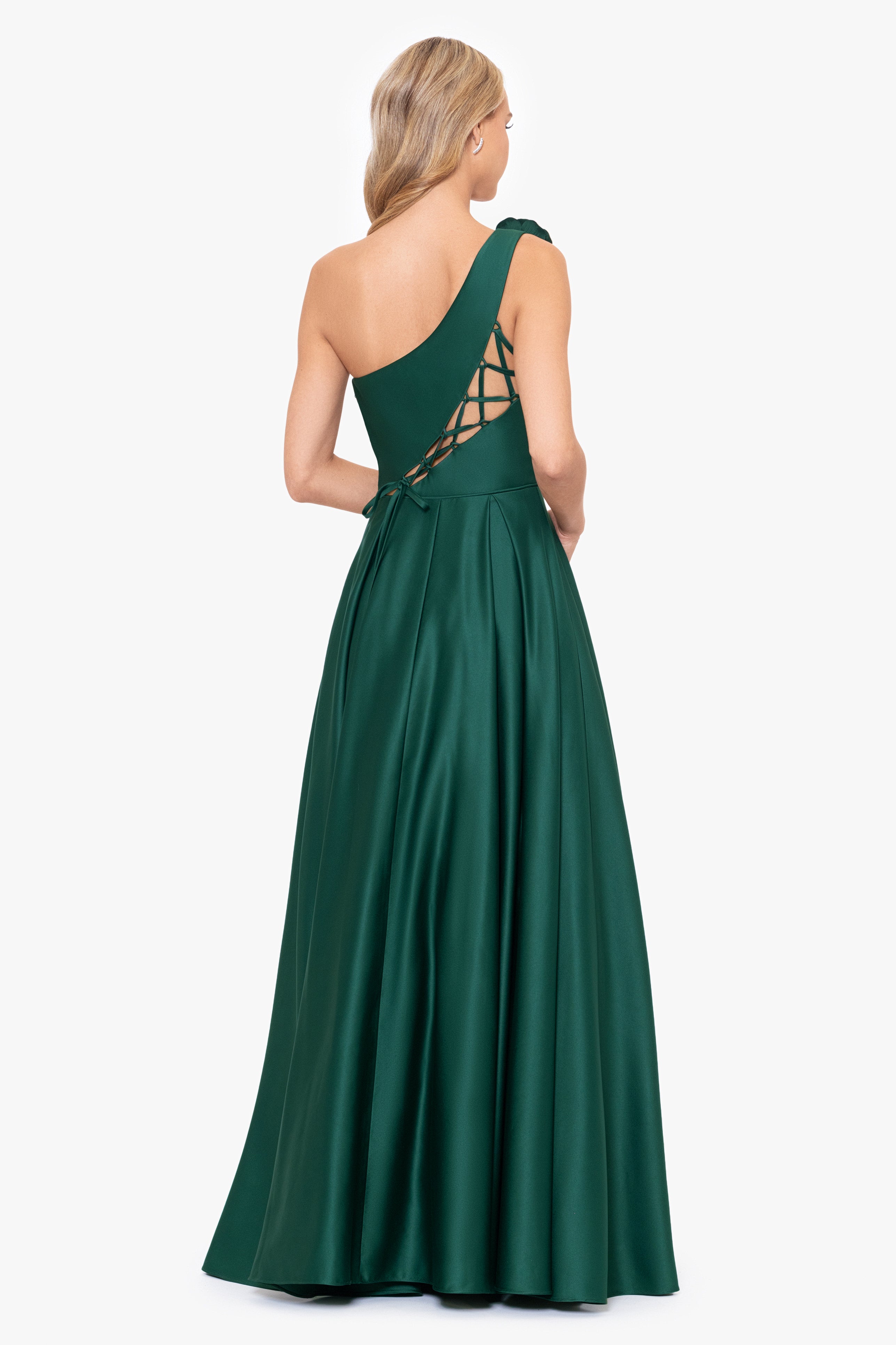 "Lexie" Long Bridal Satin One Shoulder Flower Dress