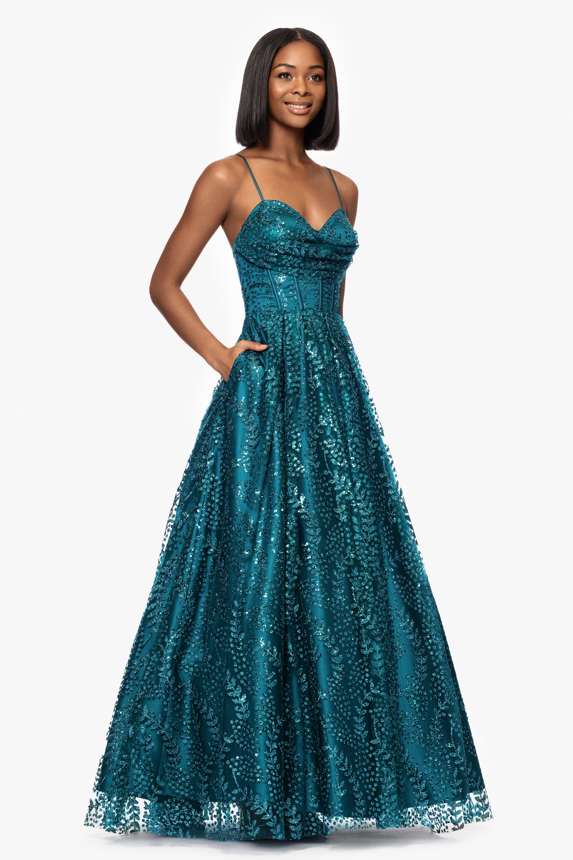 "Megan" Glitter Floor Length Drape Neck Floor Length Dress