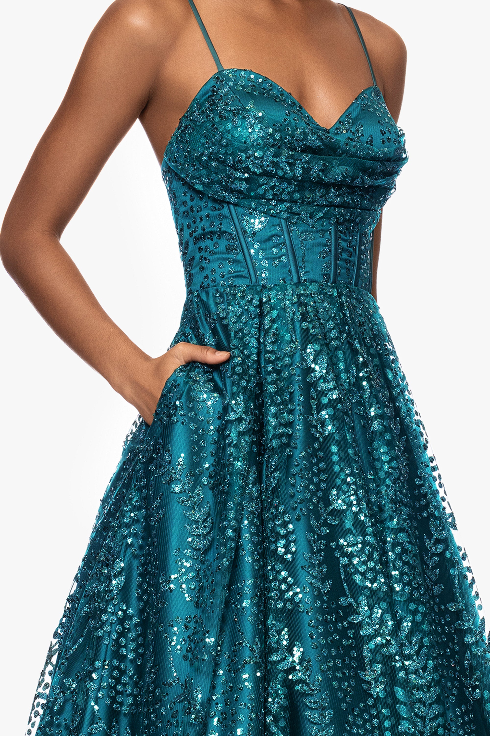 "Megan" Glitter Floor Length Drape Neck Floor Length Dress