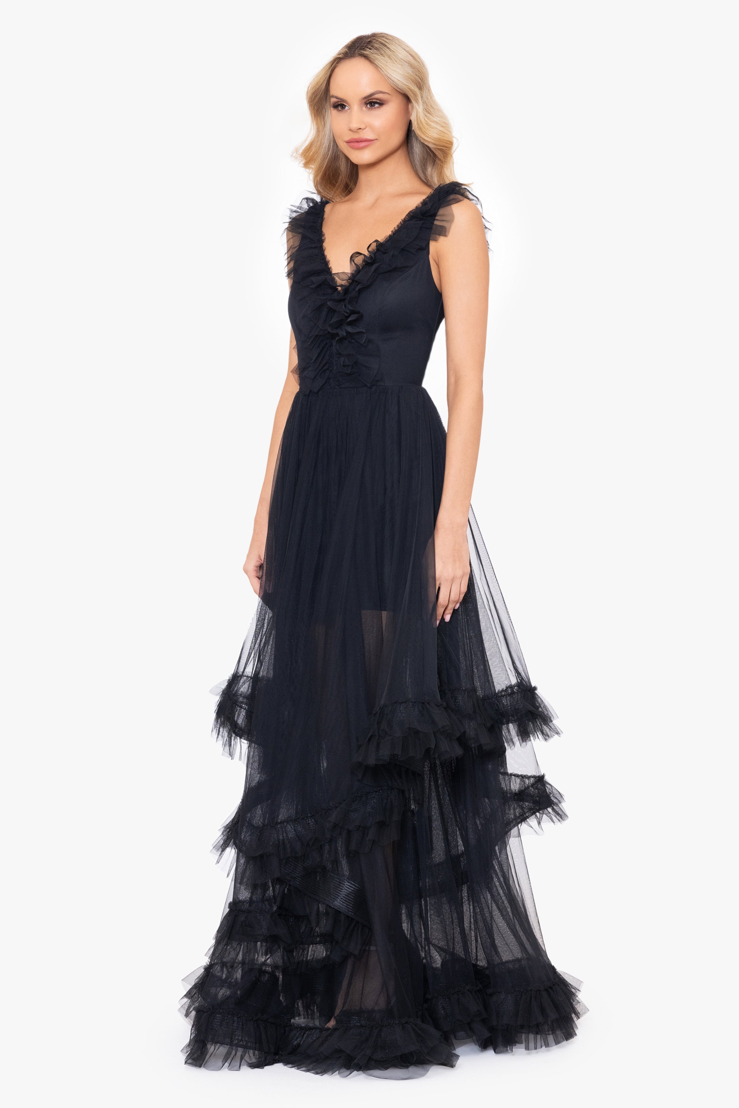 "Shay" Mesh Front and Back V-Neck Ballgown