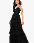 "Tyler" Long Mesh Tiered Spaghetti Strap Gown