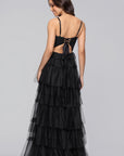 "Tyler" Long Mesh Tiered Spaghetti Strap Gown