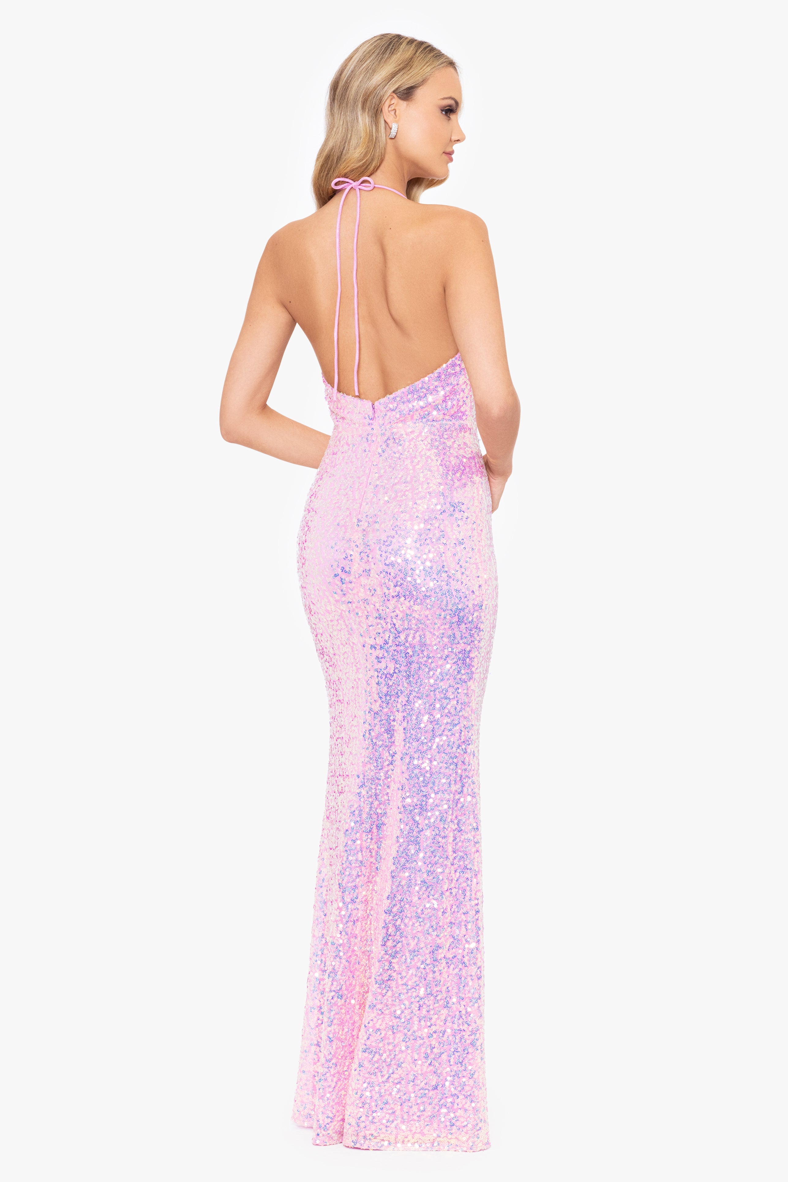 "Camryn" Long Iridescent Sequin Open Back Dress