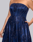 Plus "Tori" Strapless Glitter Mesh Corset Gown