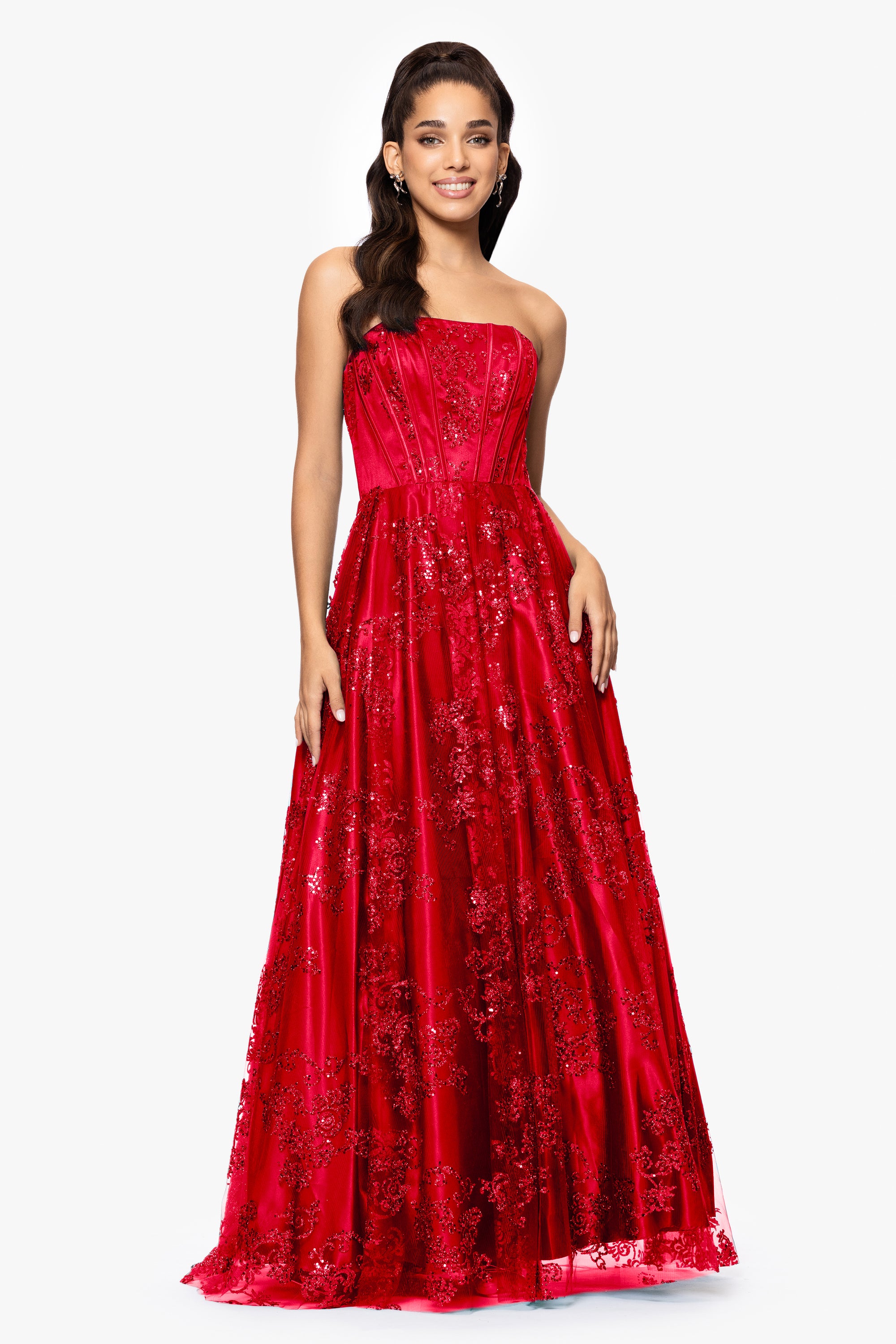 "Tori" Strapless Glitter Mesh Corset Gown