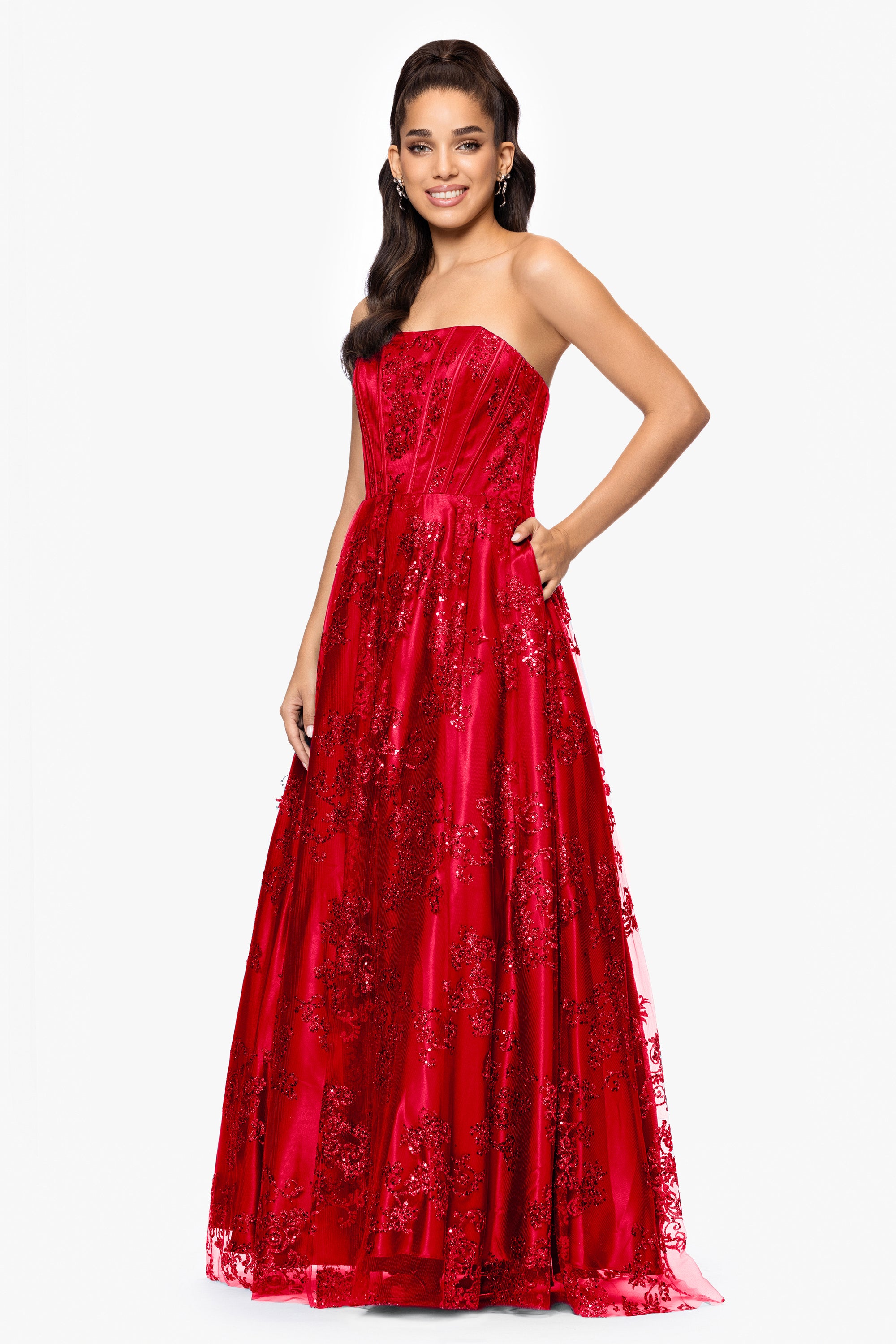 "Tori" Strapless Glitter Mesh Corset Gown