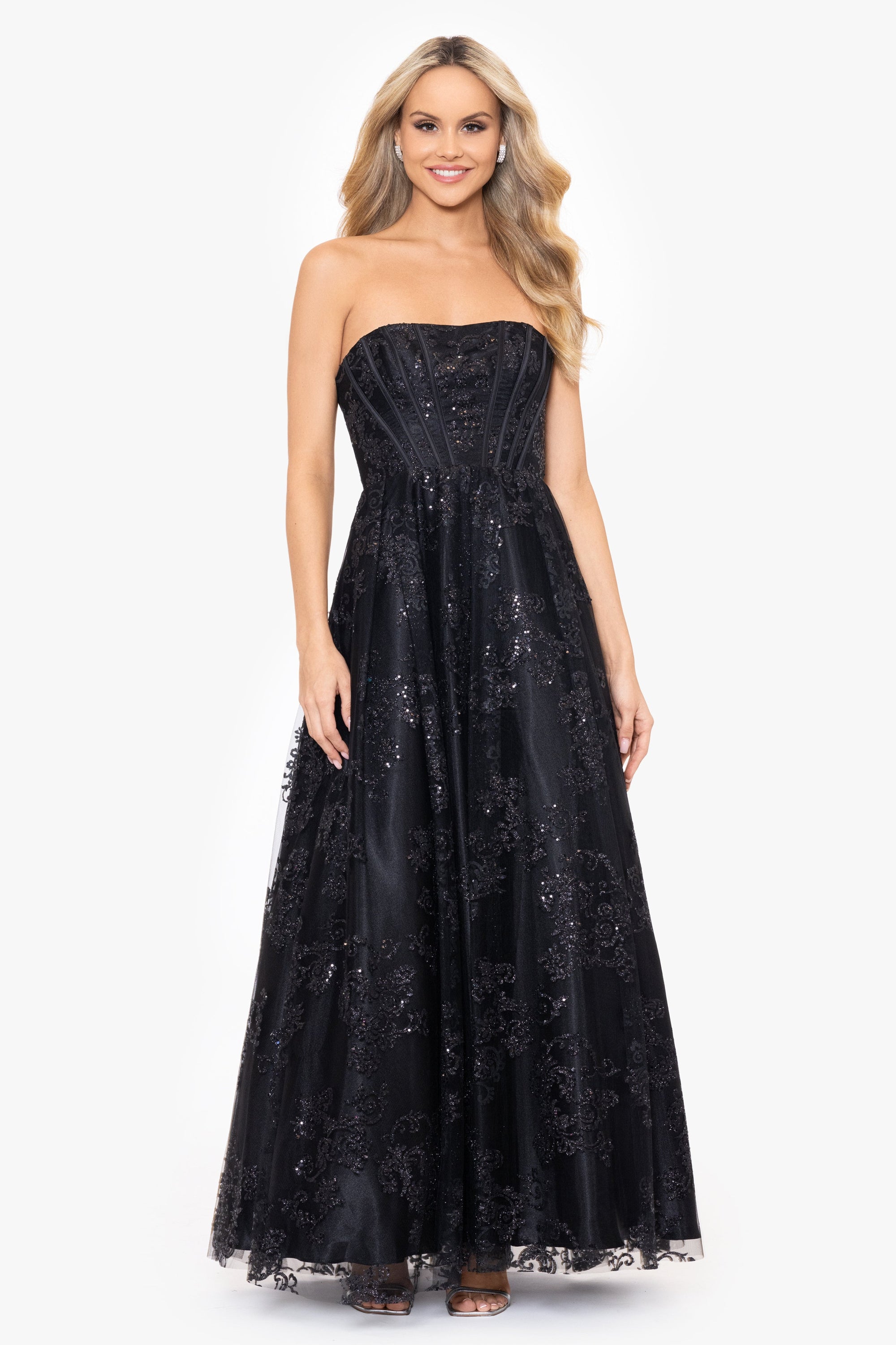 "Tori" Strapless Glitter Mesh Corset Gown